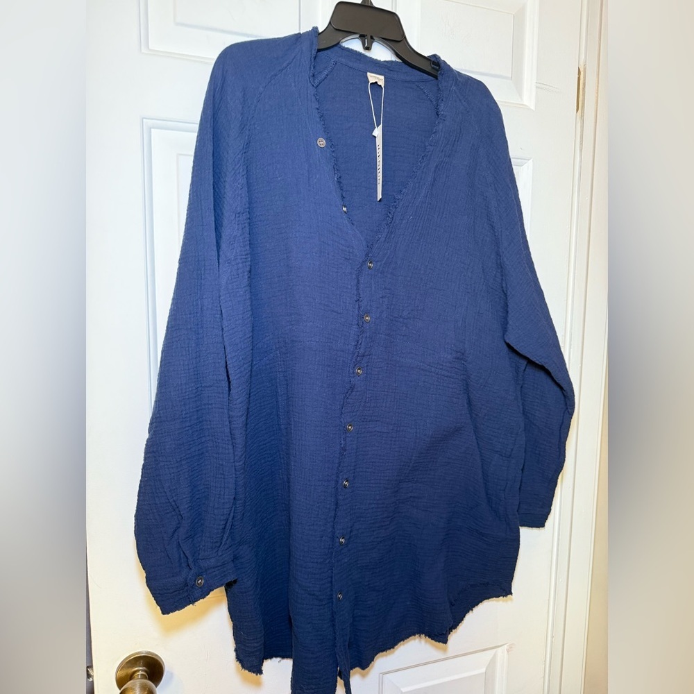 Igenjun Navy Gauze V Neck Beach Pool Coverup NWT XL Resort Wear Swim Tunic LS